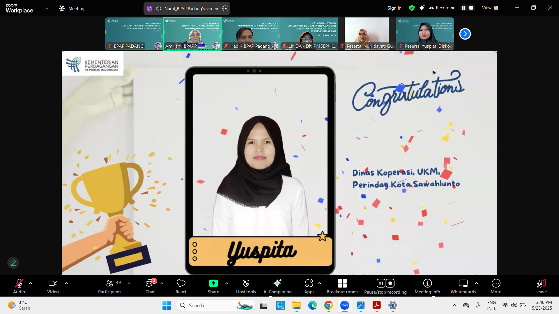 PENUTUPAN PELATIHAN TEKNIS FASILITATOR EDUKASI PERDAGANGAN MELALUI SISTEM ELEKTRONIK (PMSE) UNTUK ASN DAERAH